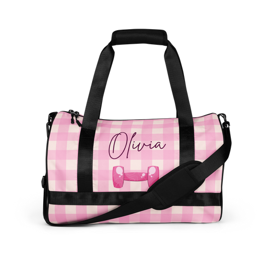 Custom Name Pink Plaid Gym Bag