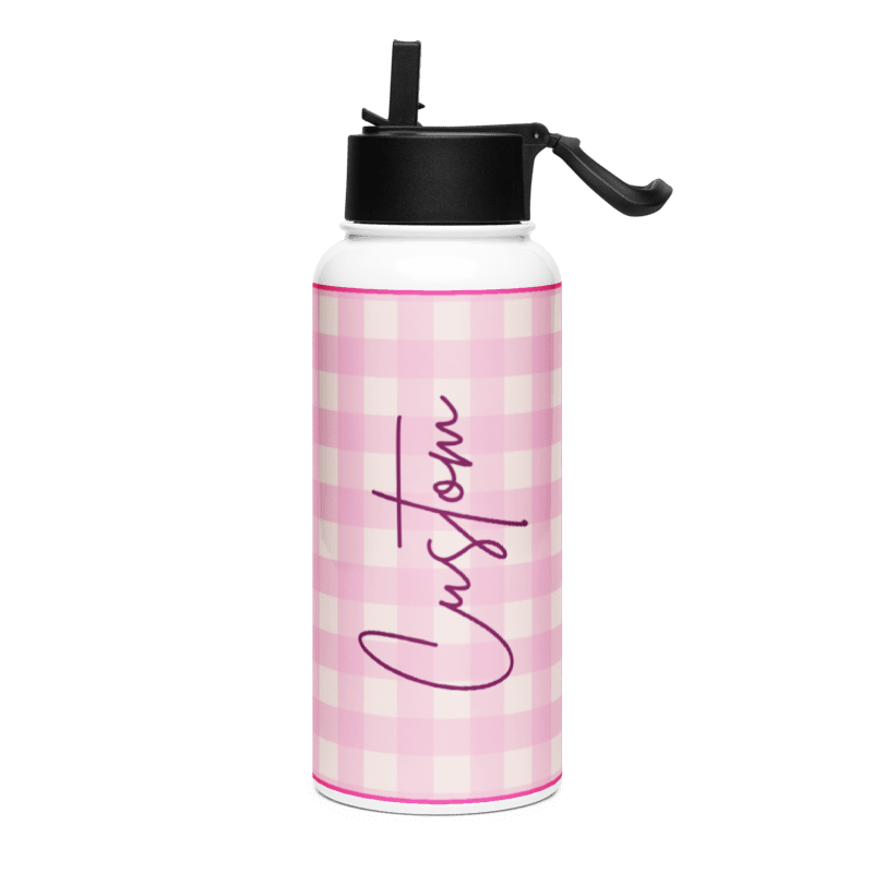 Custom Name Pink Plaid Water Bottle