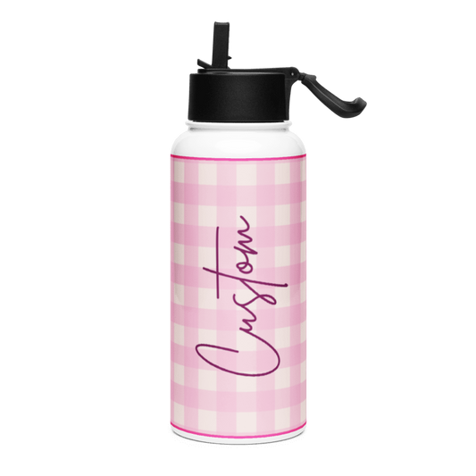 Custom Name Pink Plaid Water Bottle